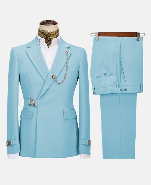 Elegant Solid Color Notch Lapel Slim Fit Buckle Blazer & Pants 2Pcs Set