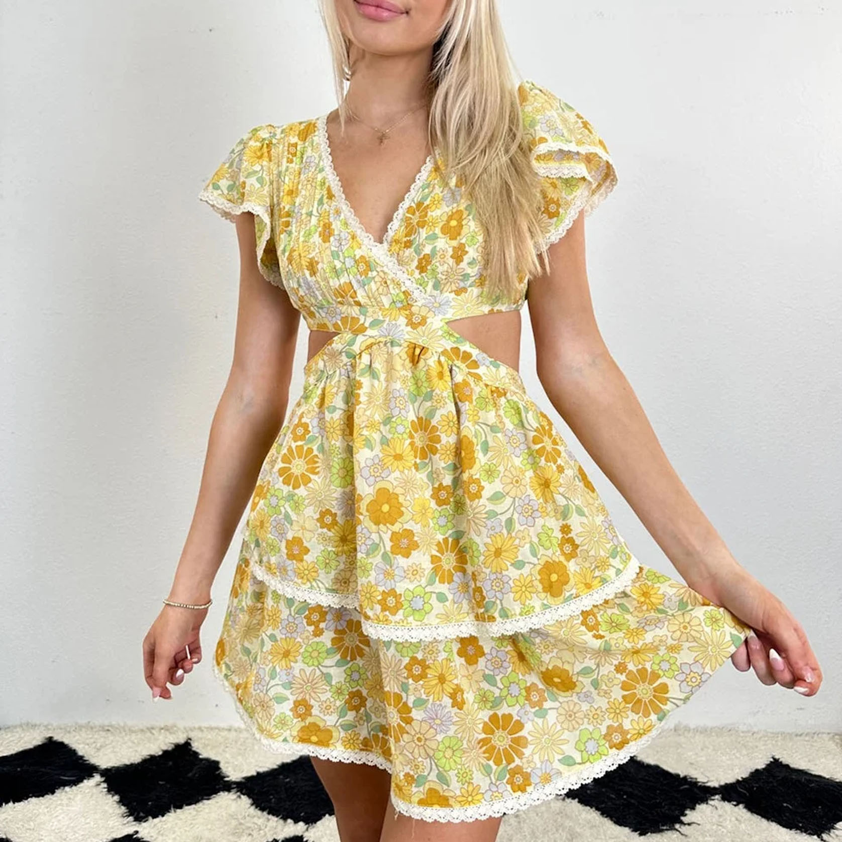 Honey Blossom Ruffle Cutout Mini Dress