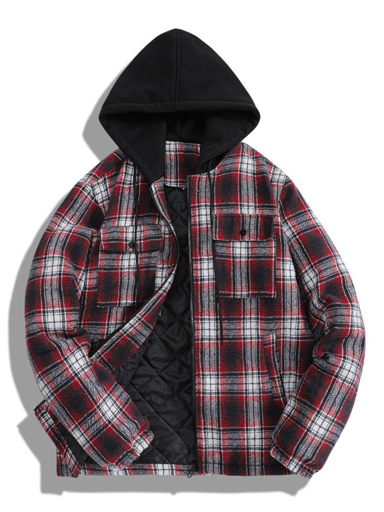 Quilted Lined Flannel Hooded Plaid Coat